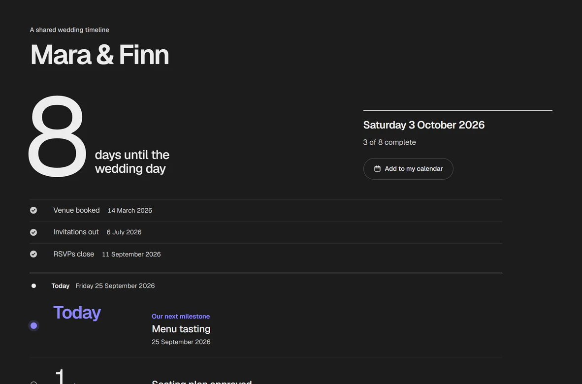 A shared wedding timeline for Mara and Finn. 8 days until the wedding day, Saturday 3 October 2026. 3 of 8 complete. Venue booked, invitations out and RSVPs close are done. Today, Fri 25 Sep: next is the menu tasting.