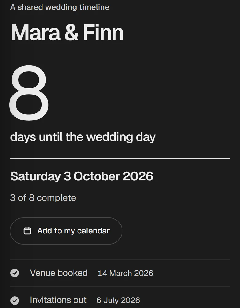 The shared wedding timeline on a phone. Mara and Finn, 8 days until the wedding day, Saturday 3 October 2026. 3 of 8 complete.