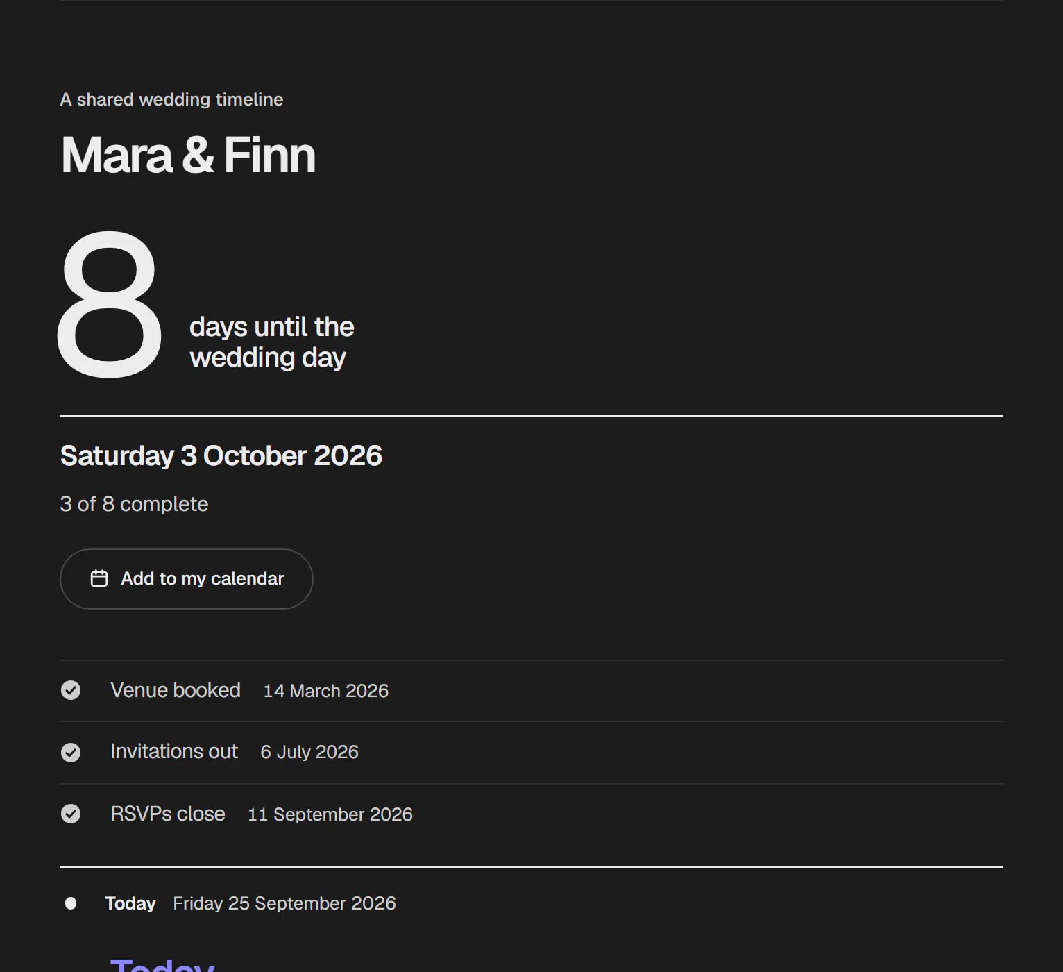 The shared wedding timeline on a tablet. Mara and Finn, 8 days until the wedding day, Saturday 3 October 2026. 3 of 8 complete.