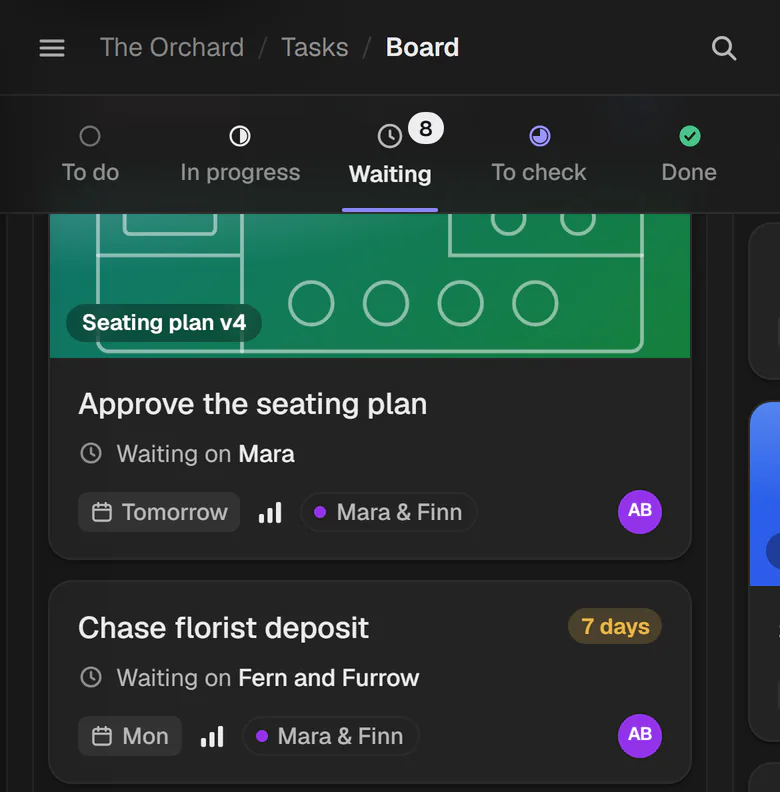 The board on a phone, Waiting column: Chase florist deposit, 7 days, waiting on Fern and Furrow.
