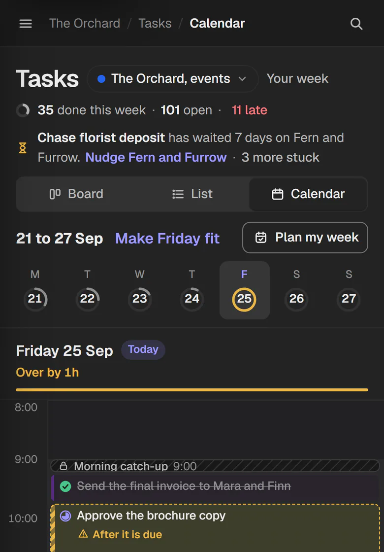 The calendar on a phone: 21 to 27 Sep, Make Friday fit. Friday 25 Sep is over by 1 hour.