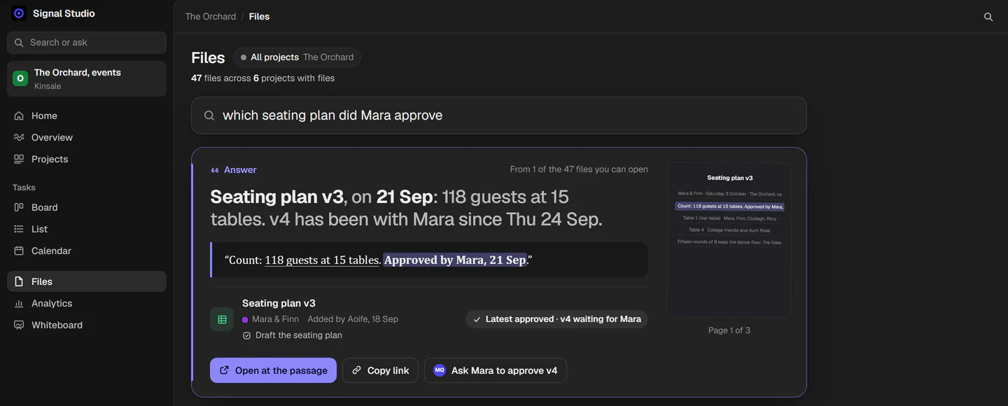 Files answering which seating plan did Mara approve: Seating plan v3, on 21 Sep, 118 guests at 15 tables. v4 has been with Mara since Thu 24 Sep. The quoted line: Approved by Mara, 21 Sep.
