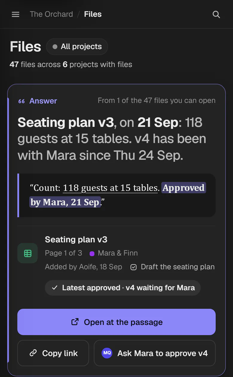 Files on a phone, answering the question: Seating plan v3, on 21 Sep, 118 guests at 15 tables. v4 has been with Mara since Thu 24 Sep.