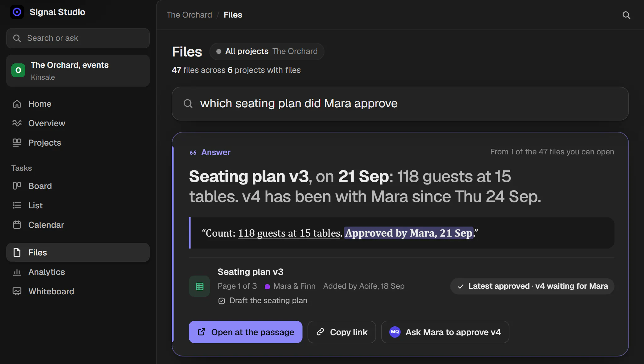 Files on a tablet, answering which seating plan did Mara approve: Seating plan v3, on 21 Sep, 118 guests at 15 tables.