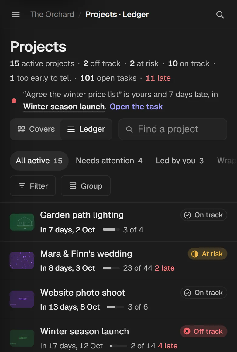 Projects as a list on a phone: each project with how it is doing, its date and tasks done.