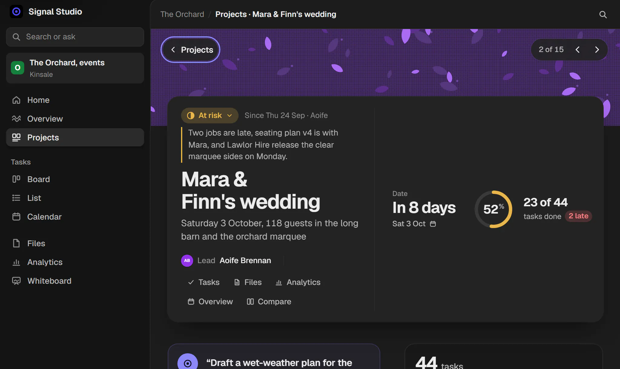 One project on a tablet, Mara and Finn's wedding: at risk, in 8 days, 23 of 44 tasks done, 2 late.